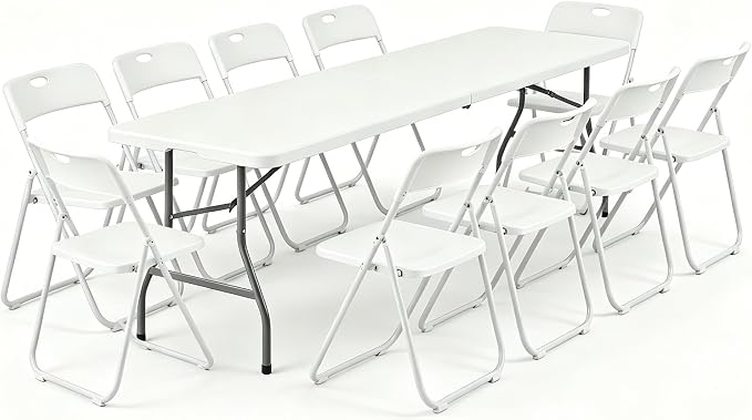 8 FT Plastic White Folding Banquet Table Chairs Set, Outdoor Portable Foldable Table Chairs for Picnic, Game, Camping, Dining, Wedding, Craft, Commercial Event Use