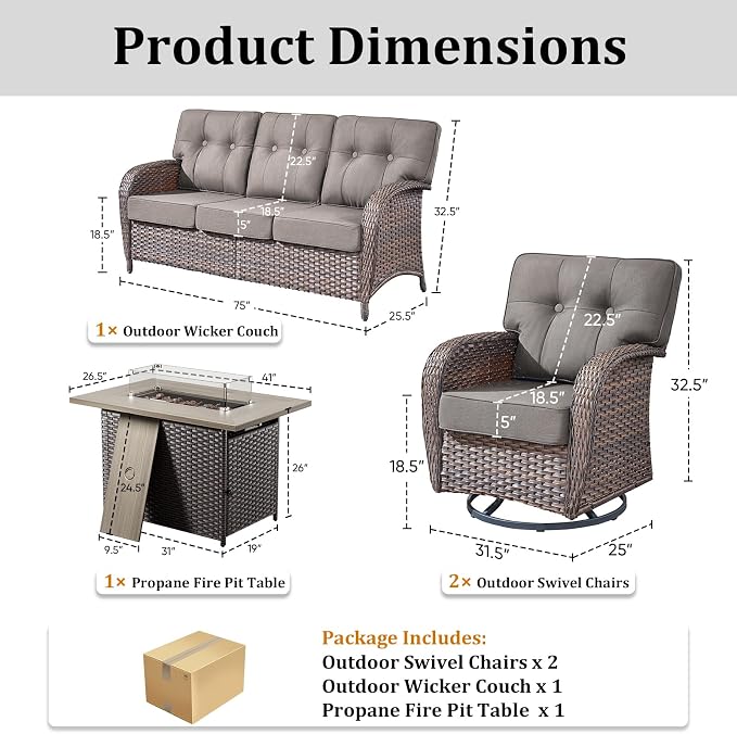 4-Piece Luxury Patio Furniture Set with Fire Pit Table, Weather Resistant Rattan High Back Swivel Rocker Chairs Senior Friendly Conversation Set for Small Porch Deck Sunroom Brown/Grey
