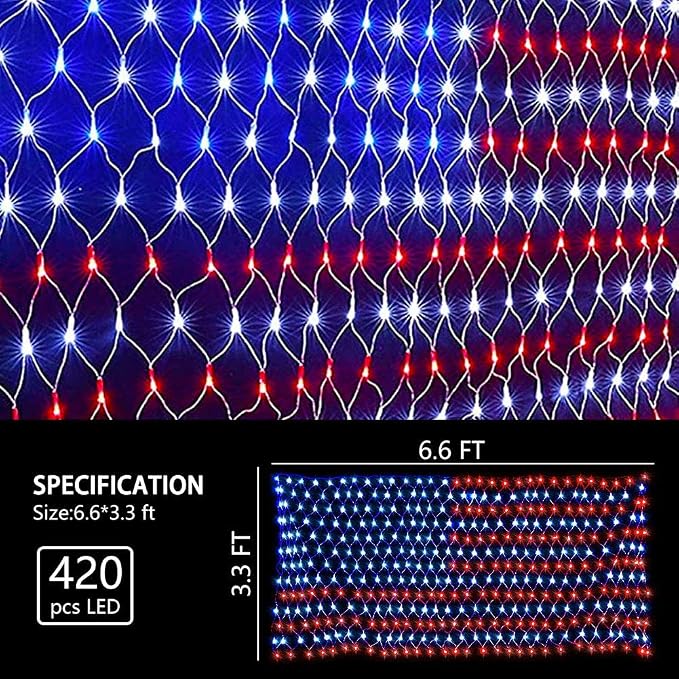 HYH Solar Powered American Flag Lights, 420 LEDs Net Light up Outdoor | Solar Flag Lights Super Bright Leds Waterproof USA Light for 4th of July Yard,Garden,Festival,Holiday,Independence Day Decor