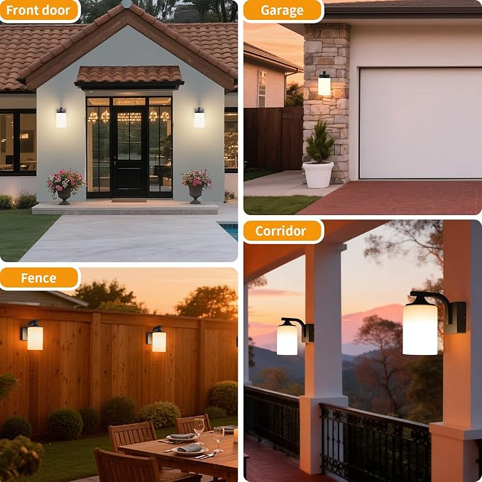 Dusk to Dawn Outdoor Wall Light Sconce, Waterproof Aluminum Porch Light Exterior Fixture with Milk Glass Shade for Patio, Yard, Garden House, Outside, Matte Black