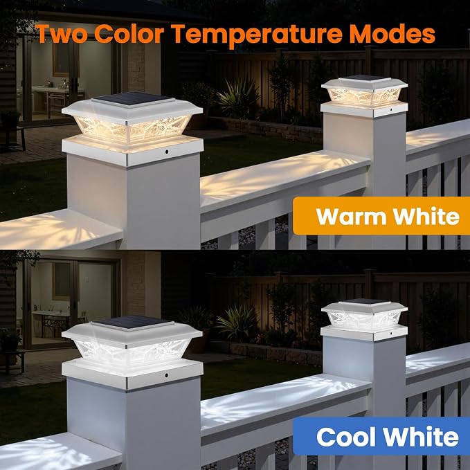 4x4 3.5x3.5 Solar Post Cap Lights 4-Pack White | 2 Modes (Warm/Cool White), 16LEDs, for Wooden/Vinyl Posts, IP65 Waterproof, Outdoor, for Fence, Deck, Patio, Yard, Porch