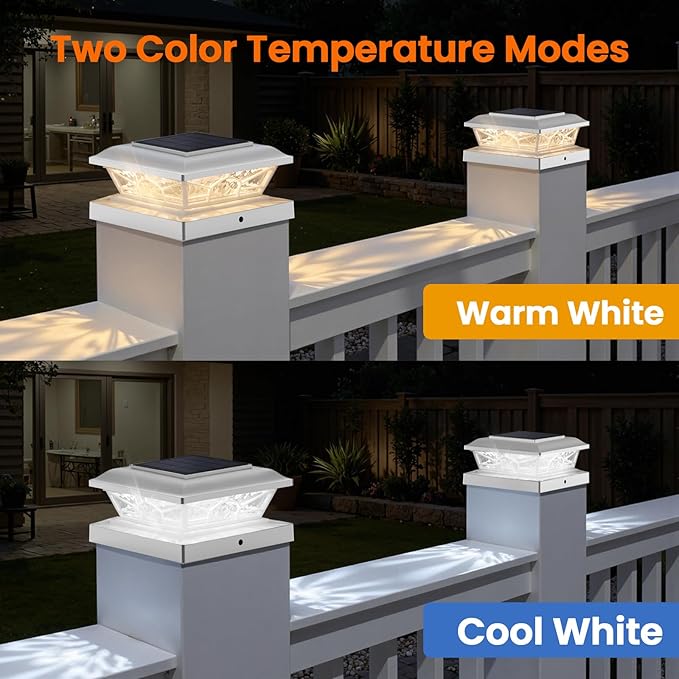4x4 3.5x3.5 Solar Post Cap Lights 6-Pack White | 2 Modes (Warm/Cool White), 16LEDs, for Wooden/Vinyl Posts, IP65 Waterproof, Outdoor, for Fence, Deck, Patio, Yard, Porch