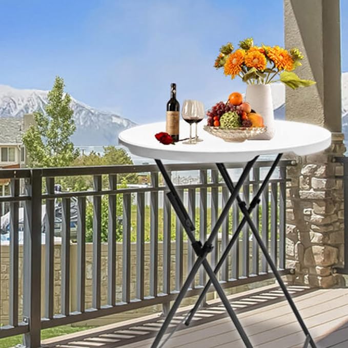 32in Round Folding Cocktail Table Bar Height White 2 PC | 32in round folding bar height table set, detachable legs, portable for indoor outdoor weddings parties events, 2 pack