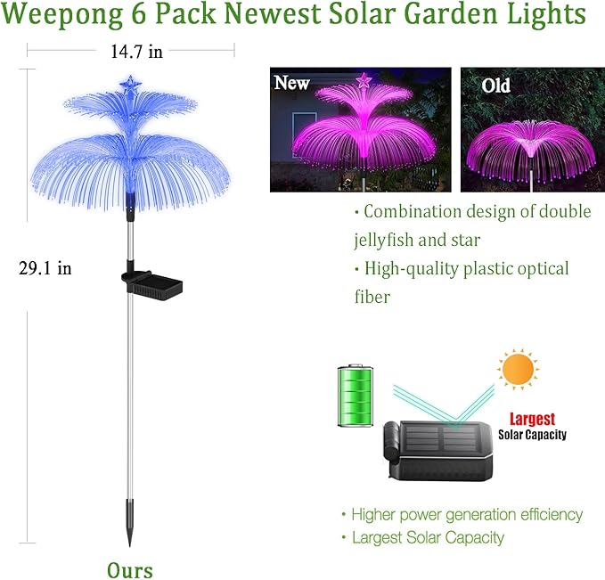Weepong Solar Garden Lights 6 Pack New Upgraded Solar Lights Outdoor Waterproof 7 Color Changing Double Jellyfish and Star Flower Garden Decor Yard Lawn Christmas Decorations, Gifts for Women Mom