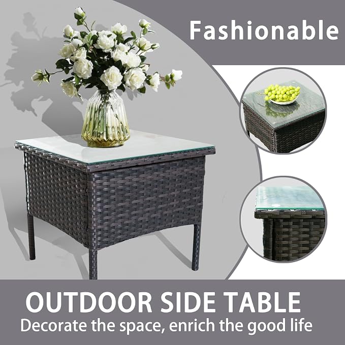 Outdoor Patio Wicker Table,Rattan Side Table,Modern Patio End Side Table with Glass Countertop and Storage Space,for Porch Garden Balcony