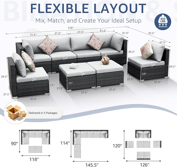 NICESOUL 8 Person Outdoor Patio Furniture Set, Extra Large Wicker Sectional Sofa with Ottoman, All-Weather Wide and Deep Seating Conversations for Outside Garden, 29.3'' High Back Comfy Couches,Grey