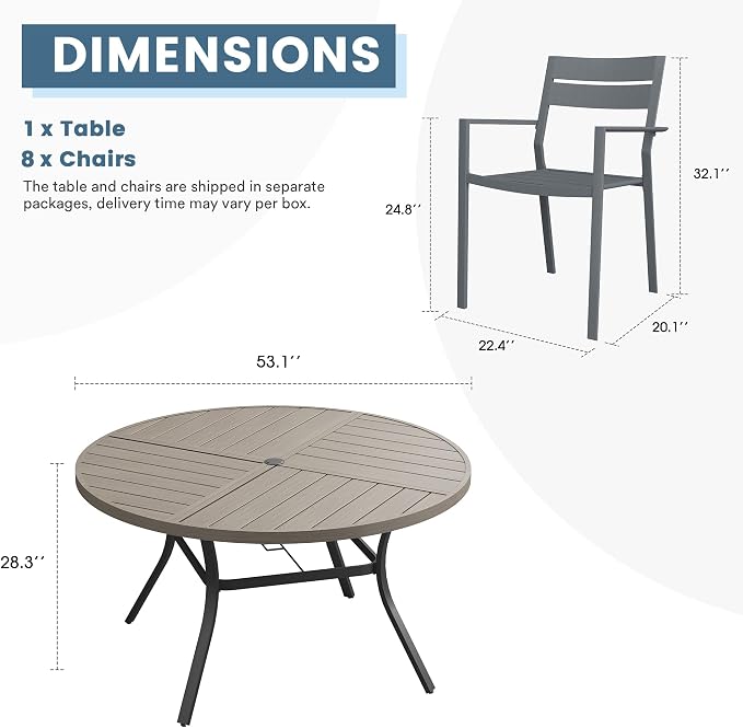 DIFY 9 Piece Outdoor Patio Dining Set for 8, 53.1" Round Dining Table with Umbrella Hole and Stackable Metal Chairs, Patio Table and Chairs Set for Backyard Garden Poolside, Grey Wood-Like & Grey