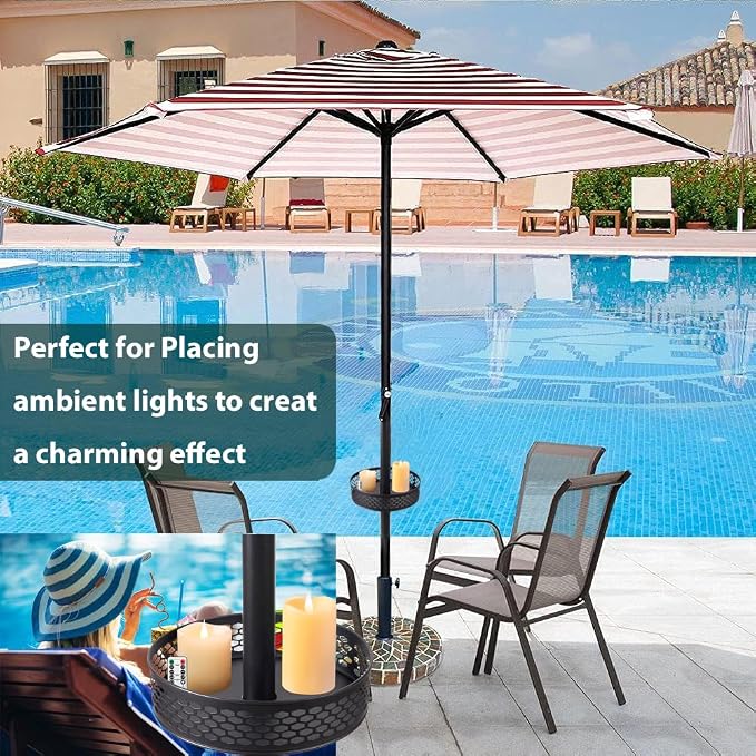 10'' Patio Umbrella Table Tray for Outdoor, Portable Round Table Tray with Umbrella Hole for Beach Patio Garden Pool Umbrella, Hollow Diamond Shape, Black