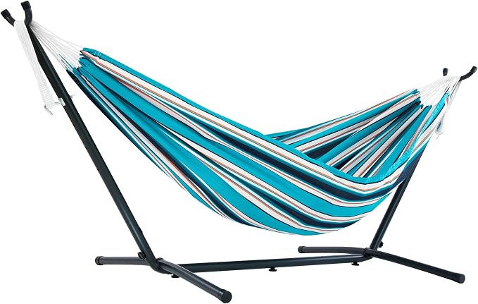 Vivere Double Hammock and Stand Combo – Durable, Comfortable, 450 lb Capacity, Heavy Duty Steel Stand, Tool-Free Assembly, Includes Carry Bag (Token Surfside)