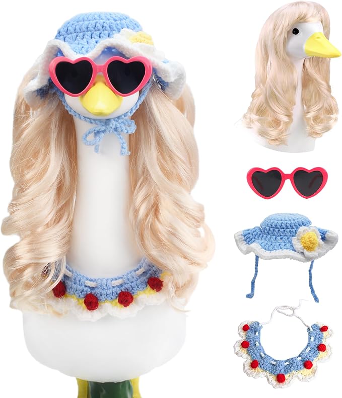 Porch Goose Wigs Blonde 1 Pack with Blue Knit Hat and Scarf Set Porch Goose Blonde Long Wigs Blue Style Outdoor Decor for Lawn Goose Statues