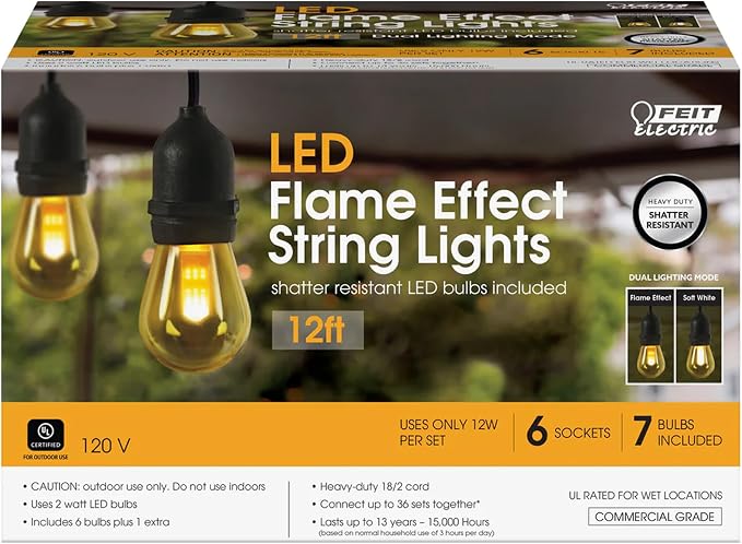 Feit Electric LED String Lights with Flame Bulbs Effect, 12ft Commercial Grade and Shatter Resistant String Lights, 6 Sockets, Linkable, 15,000-Hour Lifetime, SL12-6/FLAME, 7 Bulbs Included