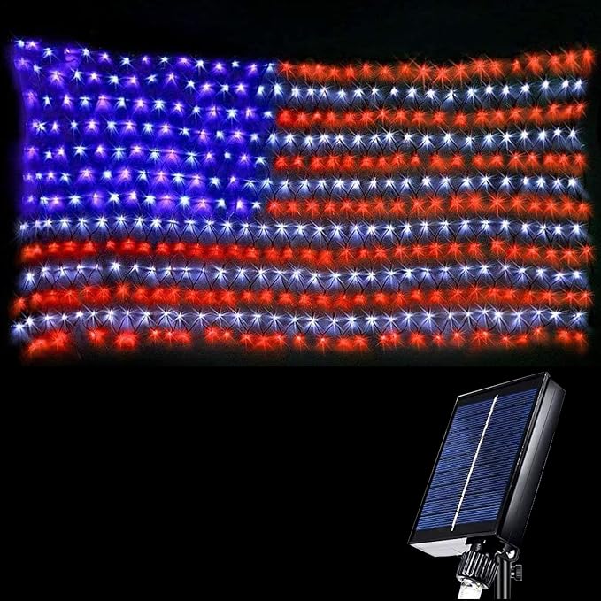 HYH Solar Powered American Flag Lights, 420 LEDs Net Light up Outdoor | Solar Flag Lights Super Bright Leds Waterproof USA Light for 4th of July Yard,Garden,Festival,Holiday,Independence Day Decor