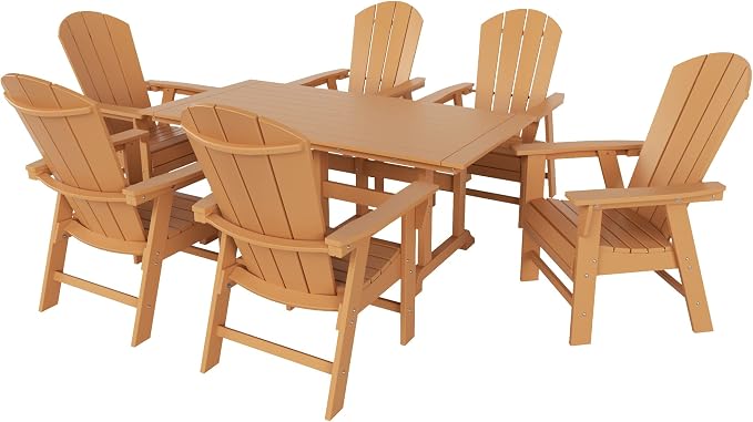 WestinTrends Malibu 7 Piece Adirondack Outdoor Dining Set, All Weather Poly Lumber Patio Table and Chairs Furniture Set, 71" Trestle Dining Table and 6 Adirondack Dining Chair, Teak