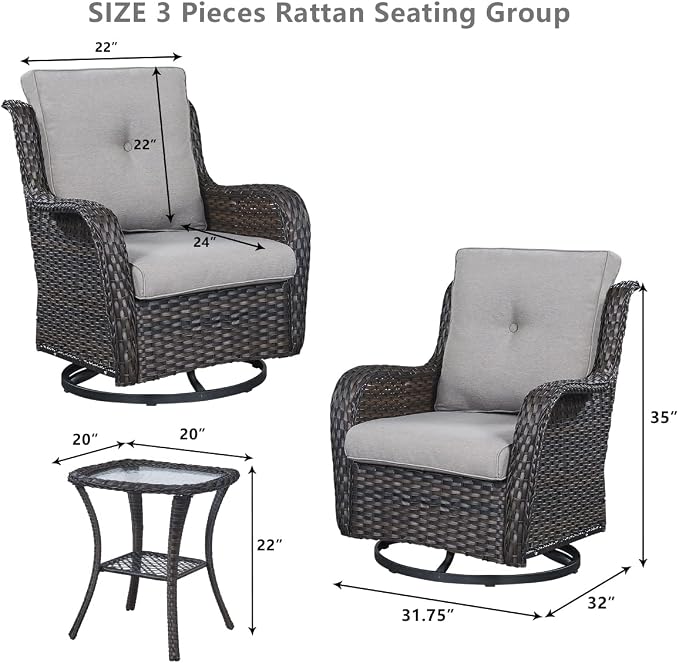 HUMMUH 5 Piece Outdoor Patio Furniture Set Wicker Conversation Bistro Set Swivel Rocking Chairs with Side Table and Ottomans for Backyard, Porch, Balcony