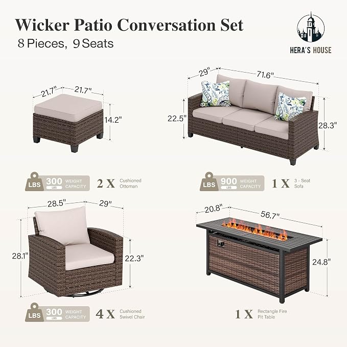 HERA'S HOUSE Swivel Glider Patio Furniture Set with Fire Pit Table, 8 Pieces Outdoor Seating Furniture Wicker Conversation Sets for Deck Backyard Lawn, Beige
