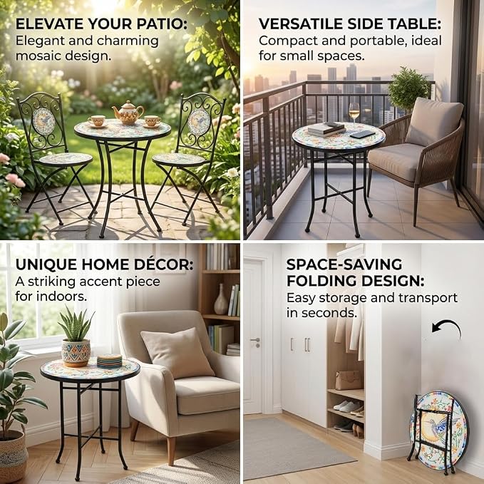 Mosaic Outdoor Side Table Small Round Patio Table Plant Stand | 21" Accent End Table with 14" Ceramic Tile Top for Small Spaces Porch Pool Garden Decor Indoor Living Room Bedroom Balcony