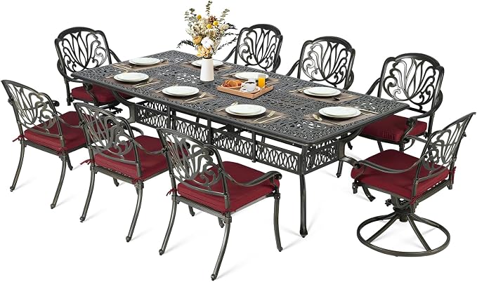 MEETWARM 9-Piece Outdoor Patio Dining Set, All Weather Cast Aluminum Patio Funiture Table and Chairs Set- 94.5” Rectangular Table and 2 Swivel Rocker Chairs, 6 Stationary, Umbrella Hole, Chili Red