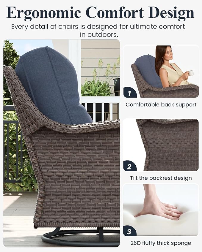 LayinSun 5 Piece Wicker Outdoor Furniture Set with 6-inch Comfy Cushions, High Back Patio Furniture Set with Swivel Rocking Chairs and Fire Pit Table