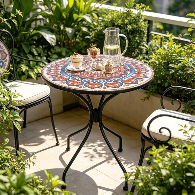 24 Inch Mosaic Patio Round Side Table with Central Column Curved Legs Indoor and Outdoor Accent End Table for Yard, Garden, Living Room, Bistro, Blue Orange Mandala