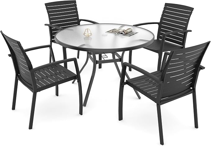 Outdoor Patio 40" Glass Table and Aluminum Chairs Dining Set 5 for 4 Person | Aluminum Frame Chairs, Resin Chair Seat, Resin Chair Back, 4 Piece Chairs, 1 Piece Black Glass Round Table