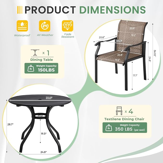 LVUYOYO 5-Piece Outdoor Patio Dining Set, Textilene Dining Chairs & Round Table Set, All-Weather Table and Chairs Set with Umbrella Hole for Backyard, Garden,Balcony,Porch (Brown)