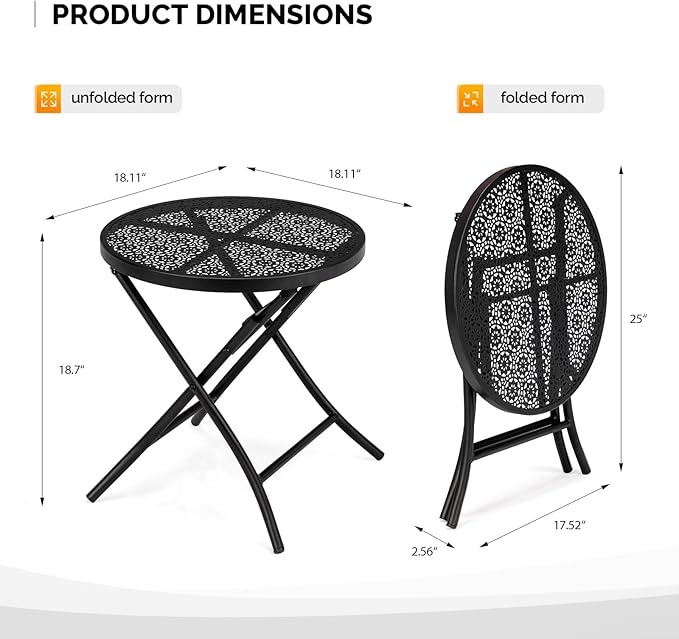 18 Inch Folding Patio Side Table, Outdoor Metal Round Coffee Table with Flower Cutout Design, Portable Steel End Table for Garden, Balcony, Yard, Black