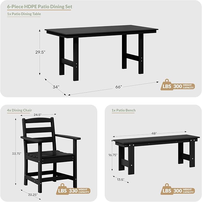 WestinTrends Ashore 6-Piece Outdoor HDPE Patio Dining Table Set with Bench, White