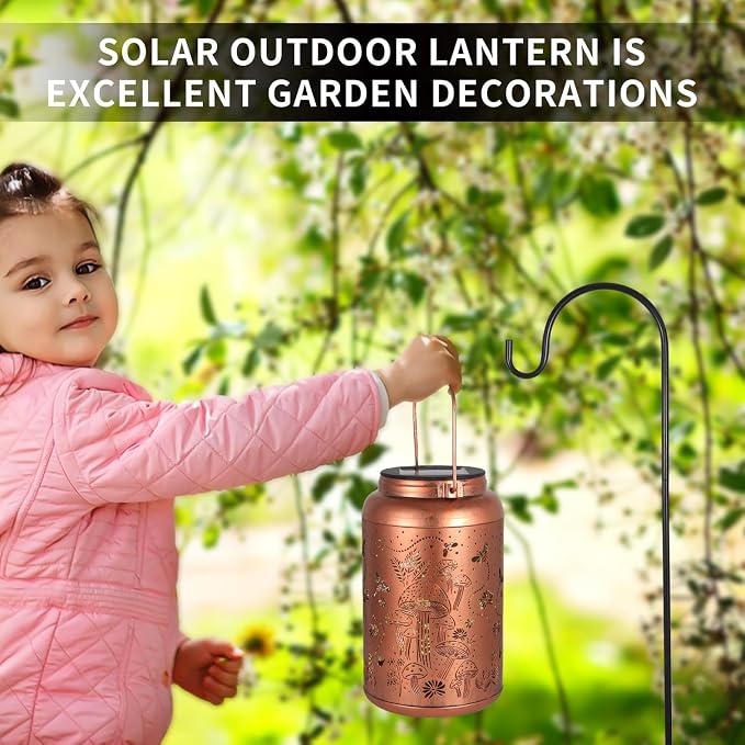 2 Pack Solar Lanterns Outdoor Waterproof Mushroom Garden Decor | Gifts for Women Mom Grandma Hanging Solar Lights Metal Solar Decoration Outside LED Lanterns for Yard, Patio, Lawn