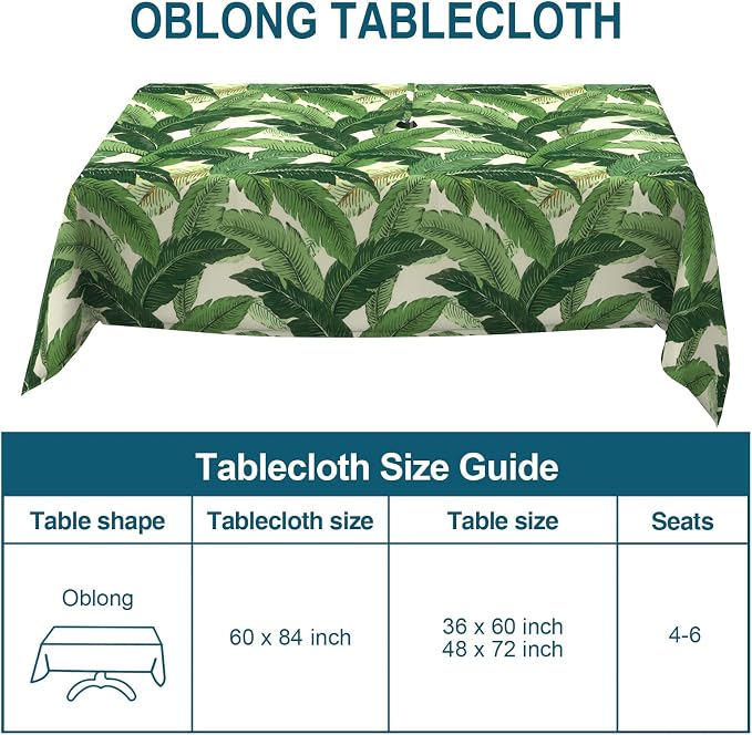 DYTXIII Outdoor Rectangle Tablecloth with Umbrella Hole and Zipper 84" x 60", Water Repellent Floral Picnic Cover, Fade & Wrinkle Resistant Tablecloth for Patio/Garden/Party Table, Palms Green