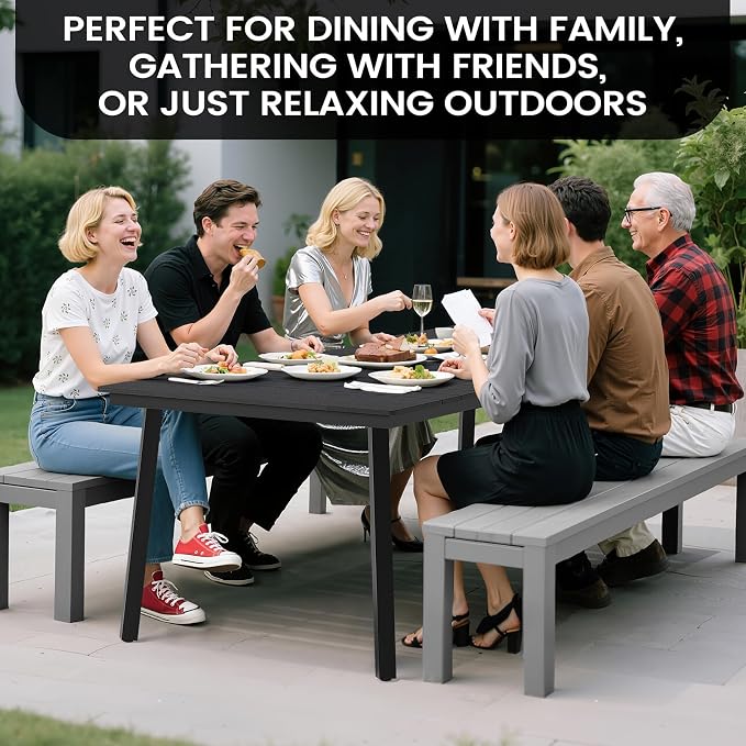 Crestlive Products Outdoor Dining Table for 6, 70" Rectangular Patio Table with Metal Frame 1.6" Umbrella Hole for Backyard Balcony Garden, Black