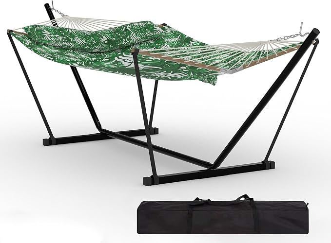 2 Person Outdoor Hammock with Stand, 450LBS Capacity, Heavy Duty Hammock with Carrying Bag & Soft Pillow, Portable Indoor Outdoor Hammock, Perfect for Backyard Patio Beach