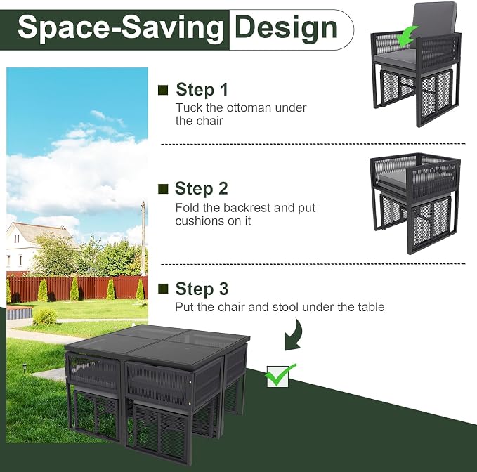 Tangkula 9 Pieces Patio Dining Set, Outdoor Space-Saving Furniture Set with PE Rattan Chairs, Tempered Glass Table and Ottomans, Outdoor Sectional Conversation Set with Cushions for Yard