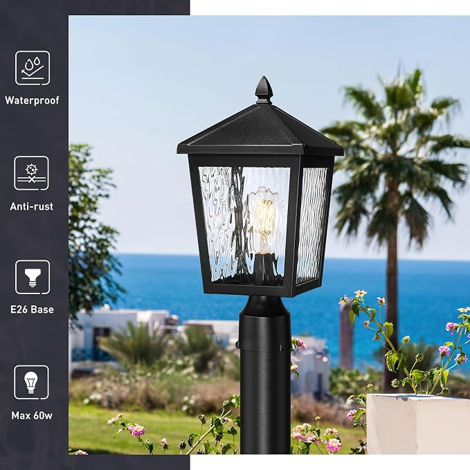 zeyu Large Lamp Post Light Fixture, 16.1 Inch Outdoor Post Lamps for House Garden, Die-Cast Aluminum with Water Ripple Glass, Black Finish, 20076P BK-WP