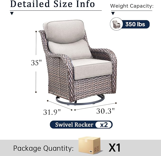 Luxury High Back Outdoor Swivel Rocker Patio Chairs with Side Table & 6-Inch Thick Cushions, 2 Pieces Patio Furniture Set for Porch, Balcony, Deck and Yard