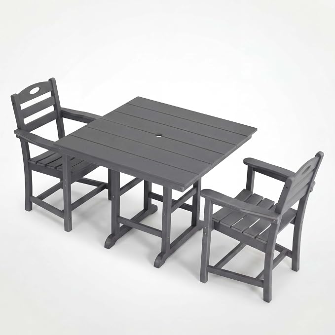 WILLIAMSPACE 37.8" Outdoor Patio Dining Set with 2 Armchairs, All Weather HDPE Square Dining Table with Umbrella Hole, Patio 3-Piece Bistro Set for Backyard, Balcony, Lawn, Kitchen (Grey)
