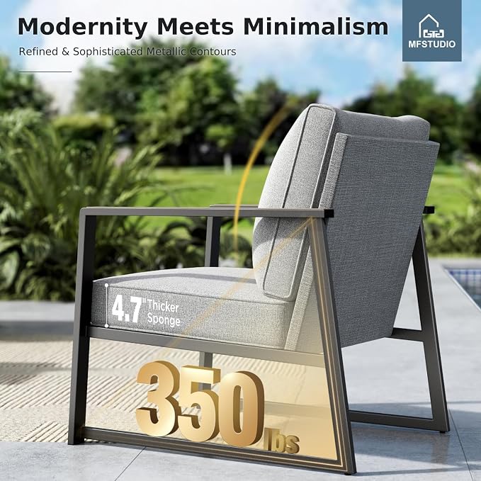 MFSTUDIO 2 Seats Patio Furniture Sets, Olefin-Filled Textilene Fabric Backrest and Extra Large Deep Seating, 2 Pieces Metal Frame Outdoor Sectional Sofa Chair for Garden, Backyard(Grey)
