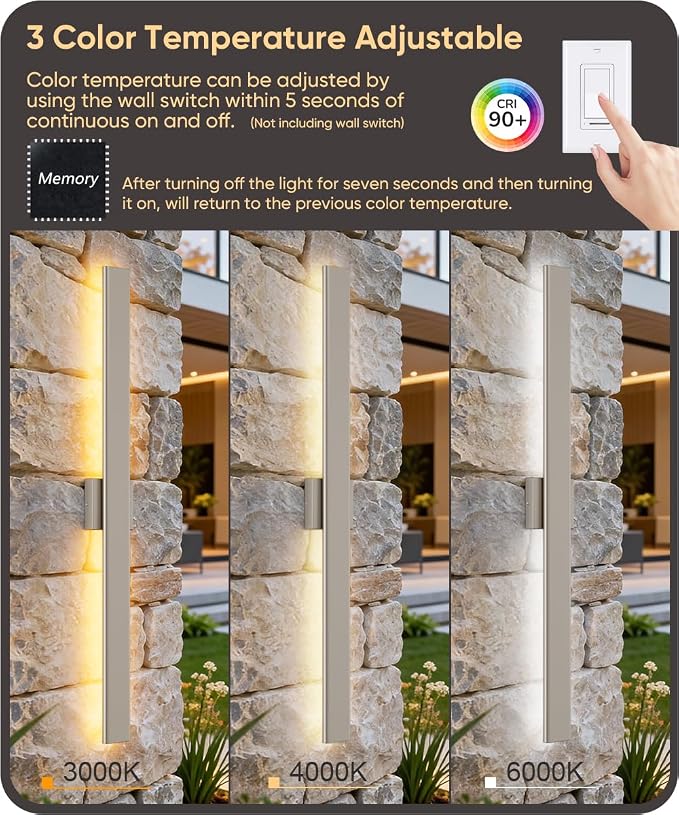 Aipsun 2 Packs Nickel Outdoor Wall Light 39.4inch Modern LED Exterior Wall Sconce, Long LED Linear Exterior Lights 3000K 4000K 6000K for Entrance, Hallway, Garage, Porch(3CCT)