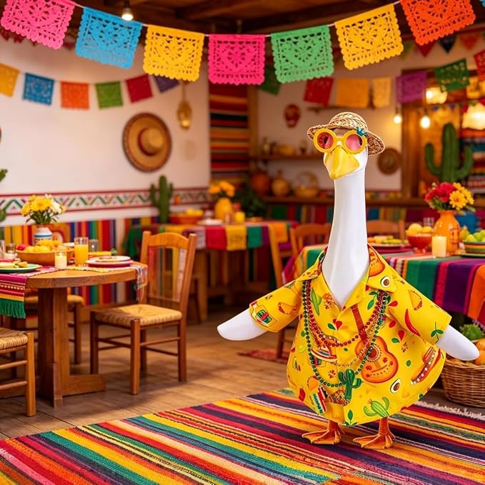 Hawaiian Porch Goose Outfits,Mexican Style Goose Summer Outfit,Yellow Shirt with Straw Hat Glasses Necklaces Fits 23" Geese Statue, Summer Garden Lawn Patio Yard Outdoor Decor