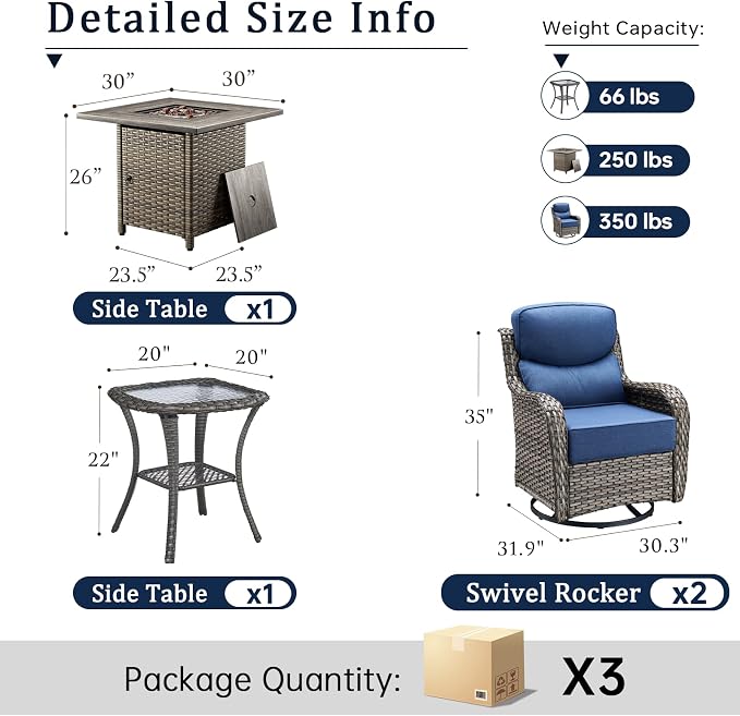 Luxury 7 Piece Wicker Patio Furniture Set with Swivel Rocker and 30“Fire Pit Table - Grey