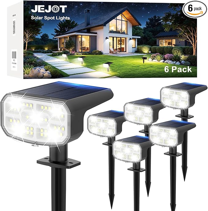 JEJOT Solar Spot Lights Outdoor Waterproof,6 Pack,2 Lighting Modes Solar Spotlights, Solar Lights for Yard Garden Lawn Landscape,Cool White