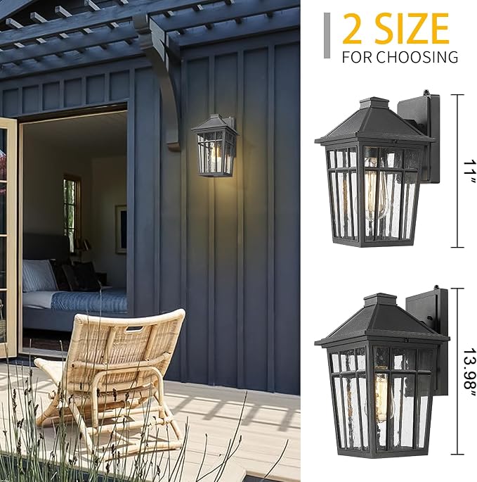 Darkaway Dusk to Dawn 14inch Outdoor Wall Lights E26 Socket | Exterior Lighting Wall Mount Porch Lights Black Outdoor Sconce Lights with Seeded Glass for House Patio Hallway Garage