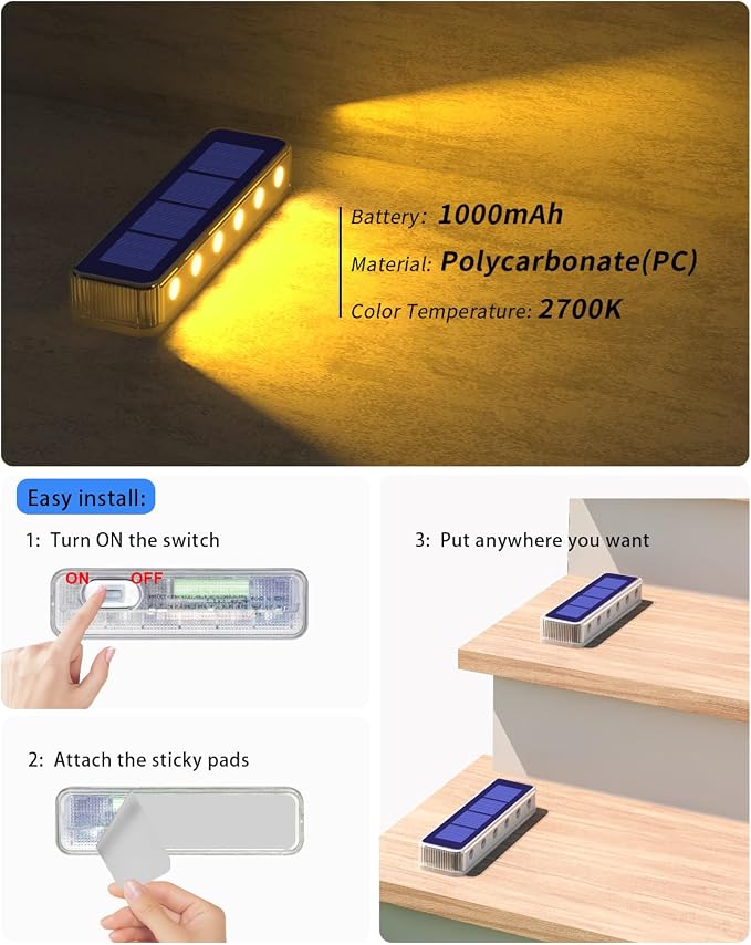 DetarZinLED Solar Step Lights for Outside,8 Pack Solar Stair Lights Outdoor Waterproof,Warm White Deck Light Solar Powered Waterproof for Steps,Stairs,Walkway,Sidewalk,Patio,Pathway
