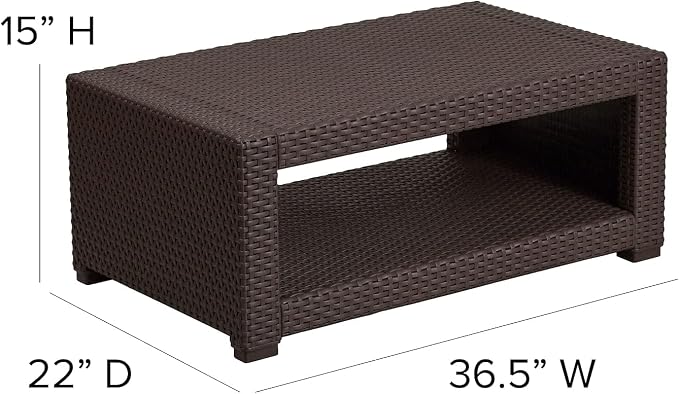 BOWERY HILL Modern Wicker Patio Coffee Table, Chocolate Brown Finish, 36.5 x 22 x 15 in, Resin Frame with Rattan Style Top, Open Shelf, Durable Outdoor Coffee Table for Patio or Deck Use