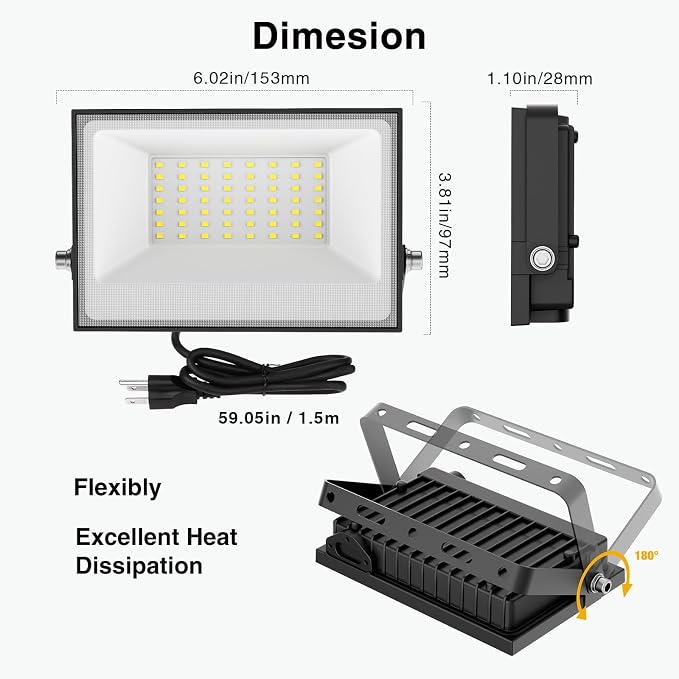 Onforu 40W Flood Lights Outdoor,4000lm Bright LED Work Light with Plug,Daylight White LED Flood Lighting, IP66 Waterproof Security Yard Lights for Garage Stadium 2 Pack