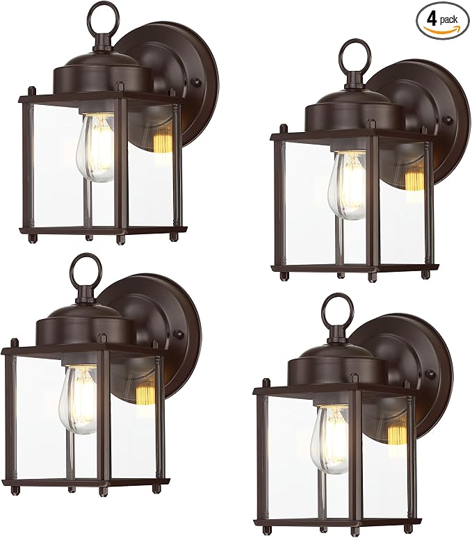Outdoor Wall Light, Porch Lamp, Rustproof Waterproof, Bronze | Exterior Wall Sconce Fixture for House, Garage, Patio, Metal Housing with Glass, E26 Base, 4 Pack