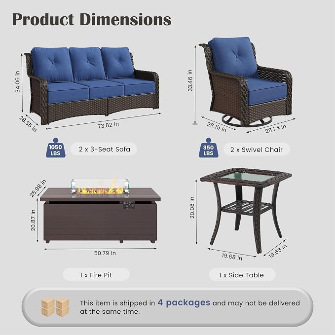 Sundale Outdoor Wicker Patio Furniture Set with Fire Pit, 6 Piece All Weather Outdoor Furniture Set with Swivel Chairs & Couch, High Back Patio Conversation Sets with 6" Cushions for Yard, Deck (Blue)