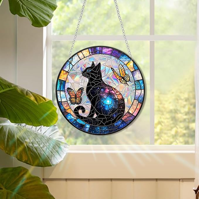 Acrylic Suncatcher Window Hanging, Cat & Butterfly Sun Catcher Rainbow Indoor Window Decoration for Living Room Bedroom Summer Home Balcony Ornaments, 7.87 inches