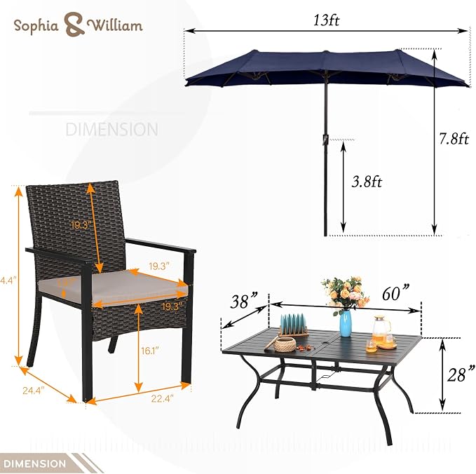 Sophia & William 7 Pieces Patio Dining Set with 13ft Navy Patio Umbrella, Outdoor Metal Table and Rattan Chairs Set for 6 People, Outdoor Dining Set with Cushions & 1.6" Adjustable Umbrella Hole