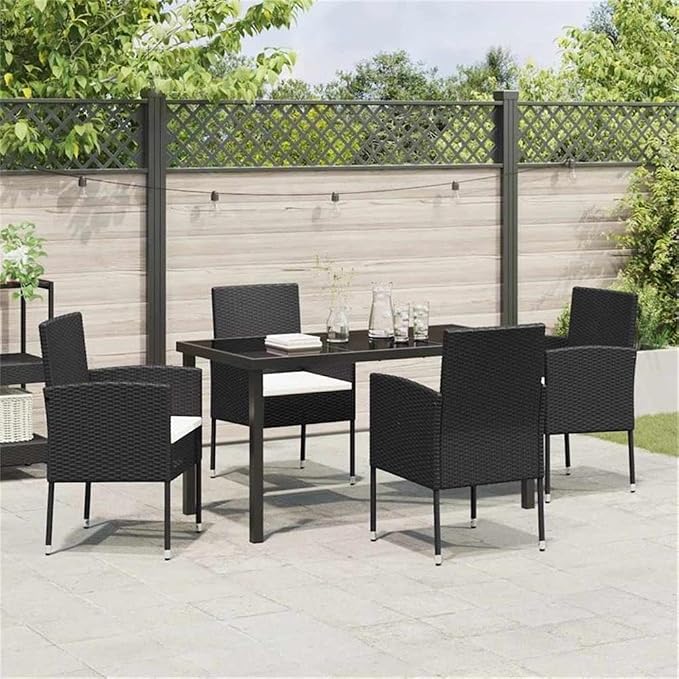 Afuera Living 5 Piece Poly Rattan Garden Dining Set, Black Finish, Tempered Glass Table, Cushioned Seats, UV-Resistant Outdoor Furniture for Patio, Garden, or Outdoor Dining Events