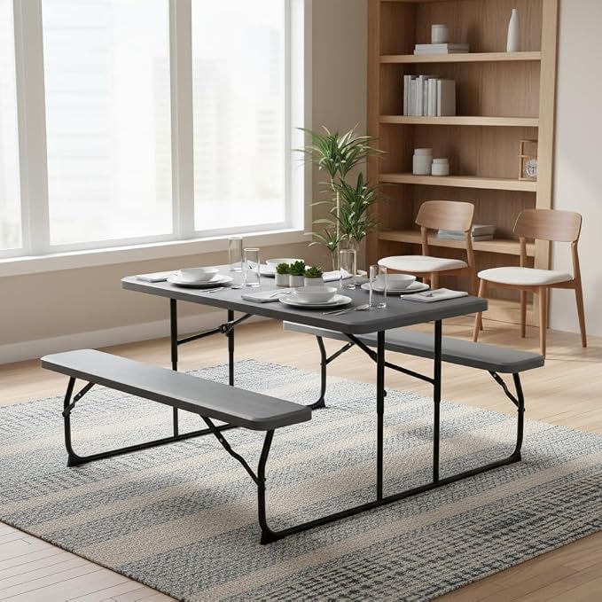 Giantex 4.5 FT Folding Picnic Table Bench Set- Outdoor Dining Set for 4-6 Persons w/All-Weather HDPE Tabletop, Metal Leg, Large Outside Dining Table for Lawn Patio Garden Yard Poolside, Grey